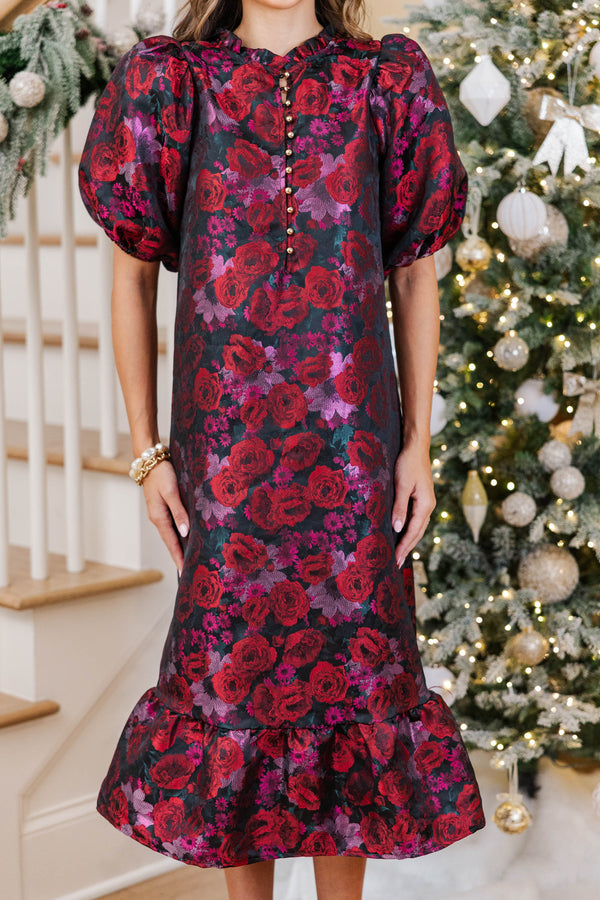 See The Light Red Brocade Midi Dress
