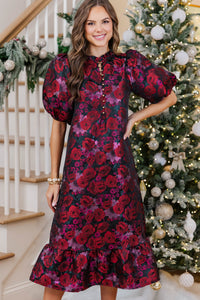 See The Light Red Brocade Midi Dress