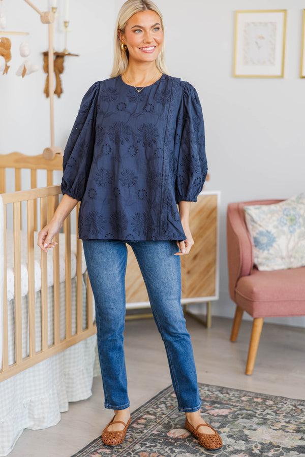 NURSING COLLECTION: Always Understood Navy Embroidered Blouse
