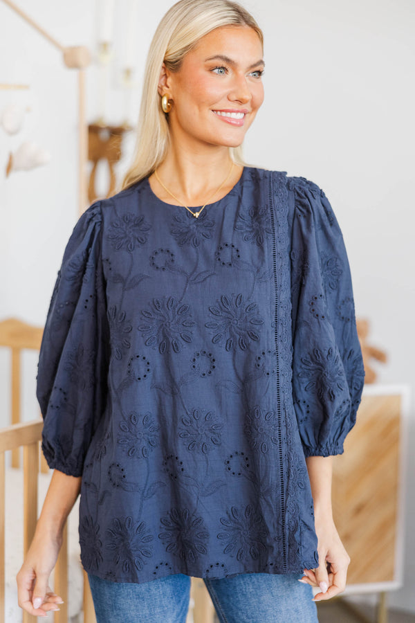 NURSING COLLECTION: Always Understood Navy Embroidered Blouse