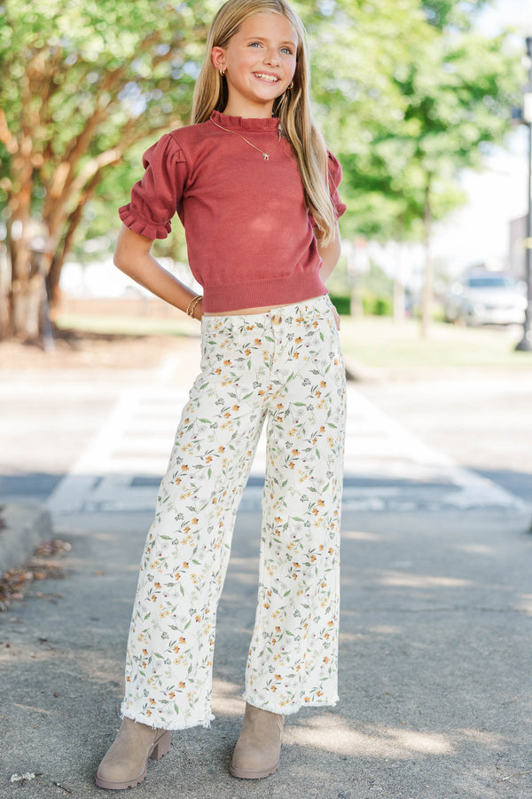 Girls: Your Pick Cream Floral Wide Leg Jeans