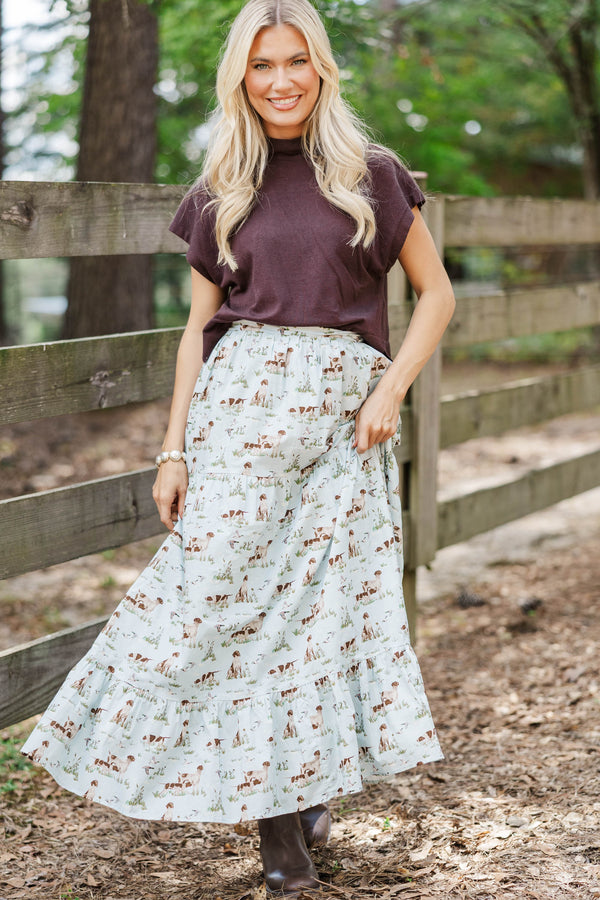 Getting Close Light Blue Toile Midi Skirt