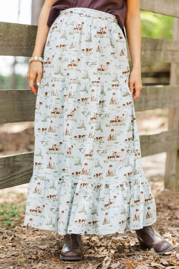 Getting Close Light Blue Toile Midi Skirt