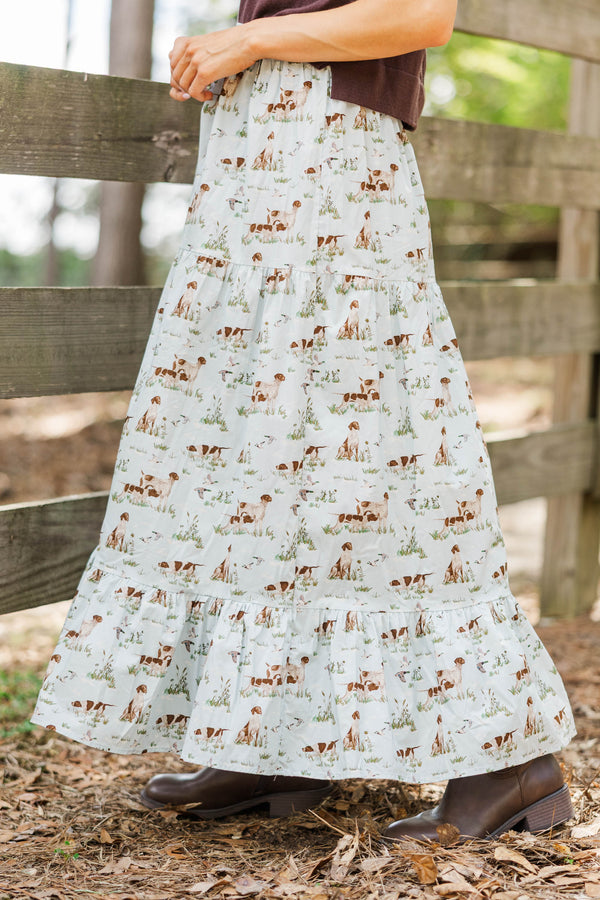 Getting Close Light Blue Toile Midi Skirt