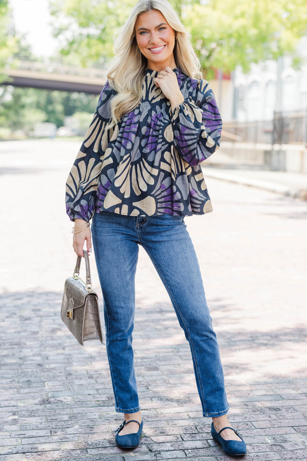 Worth The Talk Navy Abstract Blouse