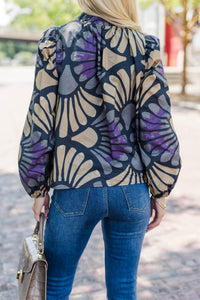 Worth The Talk Navy Abstract Blouse