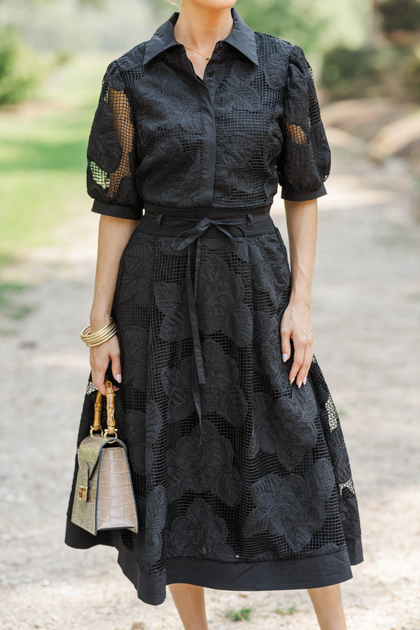 Checked In Black Crochet Midi Dress