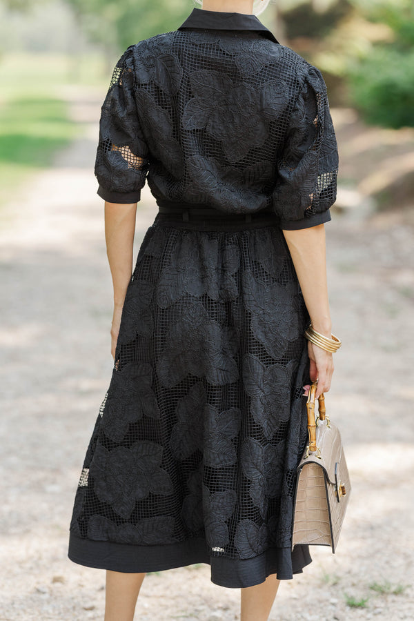 Checked In Black Crochet Midi Dress