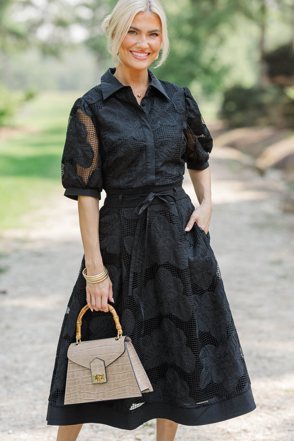 Checked In Black Crochet Midi Dress