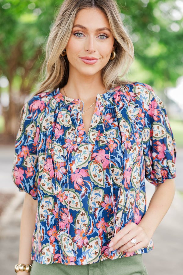 Finders Keepers Navy Floral Blouse