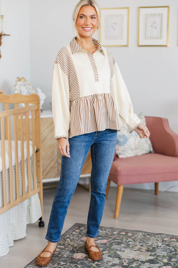 NURSING COLLECTION: Cozy Collective Brown Striped Blouse