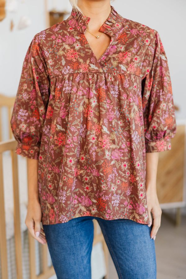 NURSING COLLECTION: On The Right Path Brown Floral Blouse
