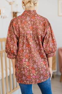 NURSING COLLECTION: On The Right Path Brown Floral Blouse