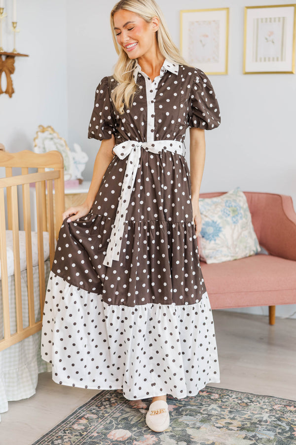 NURSING COLLECTION: First Things First Brown Polka Dot Midi Dress
