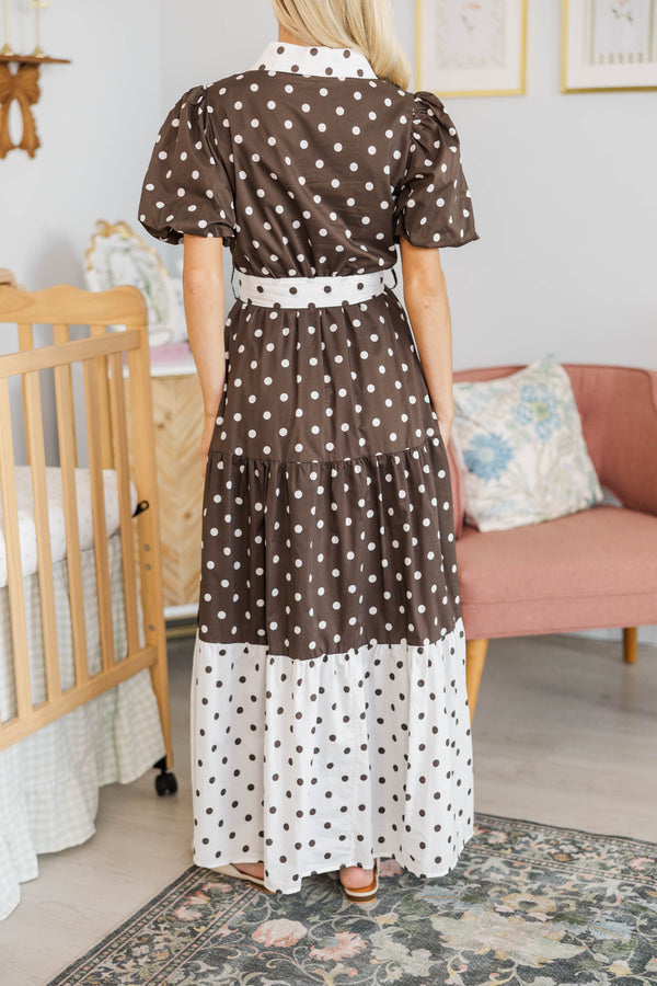 NURSING COLLECTION: First Things First Brown Polka Dot Midi Dress
