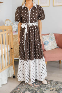 NURSING COLLECTION: First Things First Brown Polka Dot Midi Dress