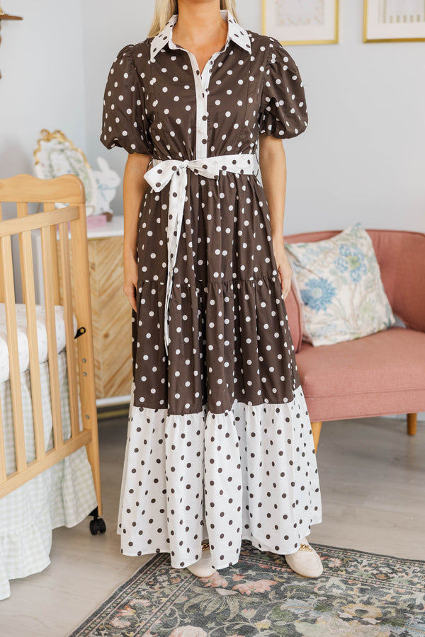 NURSING COLLECTION: First Things First Brown Polka Dot Midi Dress