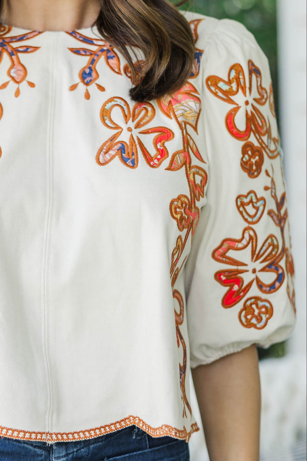 THML: Sunday Mood Cream Floral Embroidery Blouse