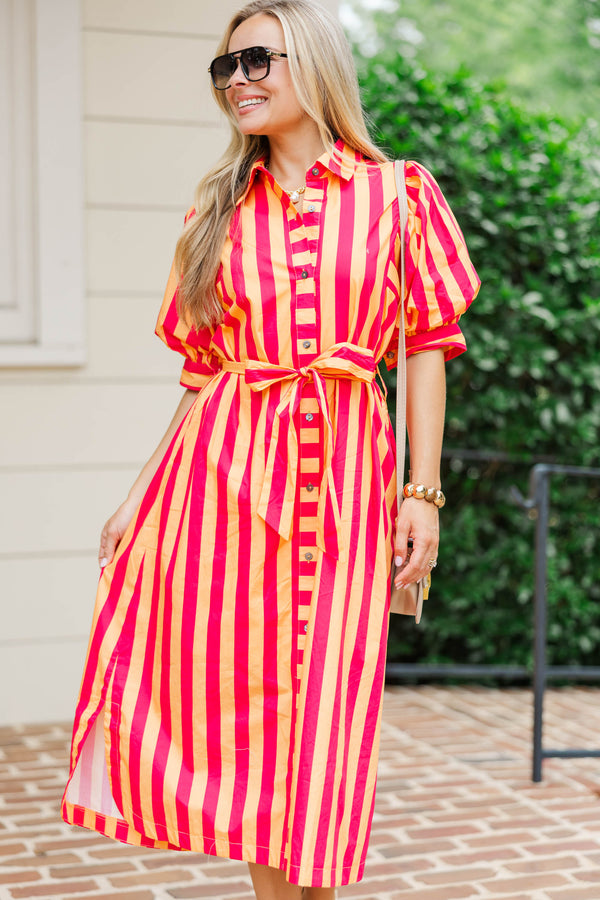 Onward And Upward Orange Striped Midi Dress