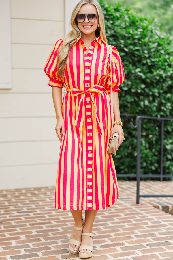 Onward And Upward Orange Striped Midi Dress