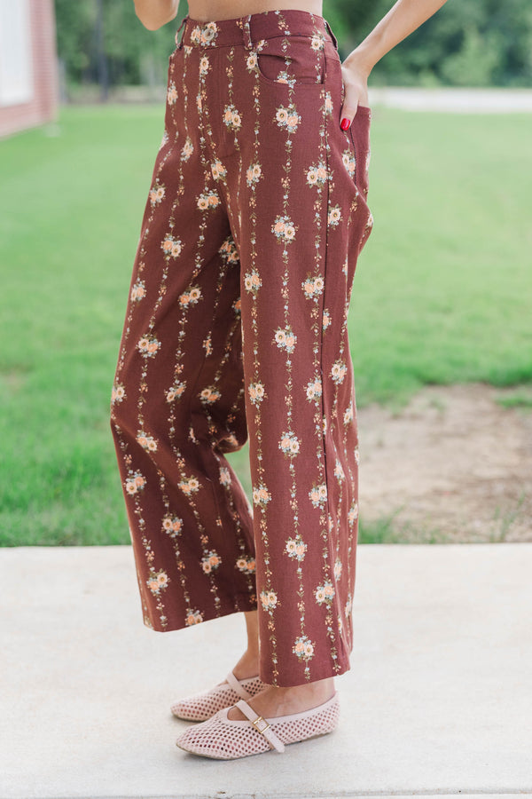 Quietly Pretty Brown Ditsy Floral Wide Leg Jeans