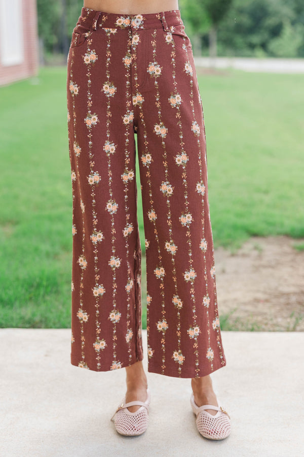 Quietly Pretty Brown Ditsy Floral Wide Leg Jeans