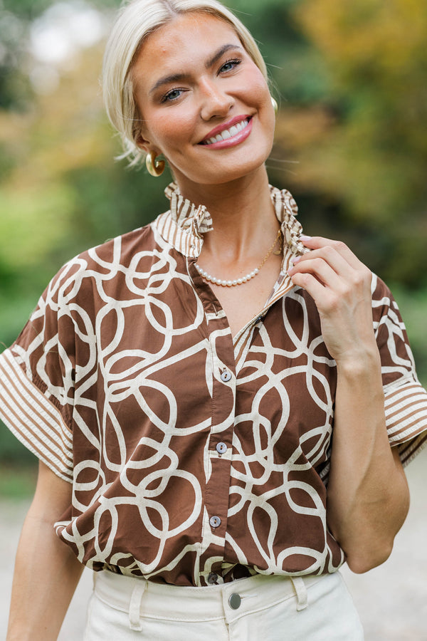Whimsy and Chic Brown Textured Blouse