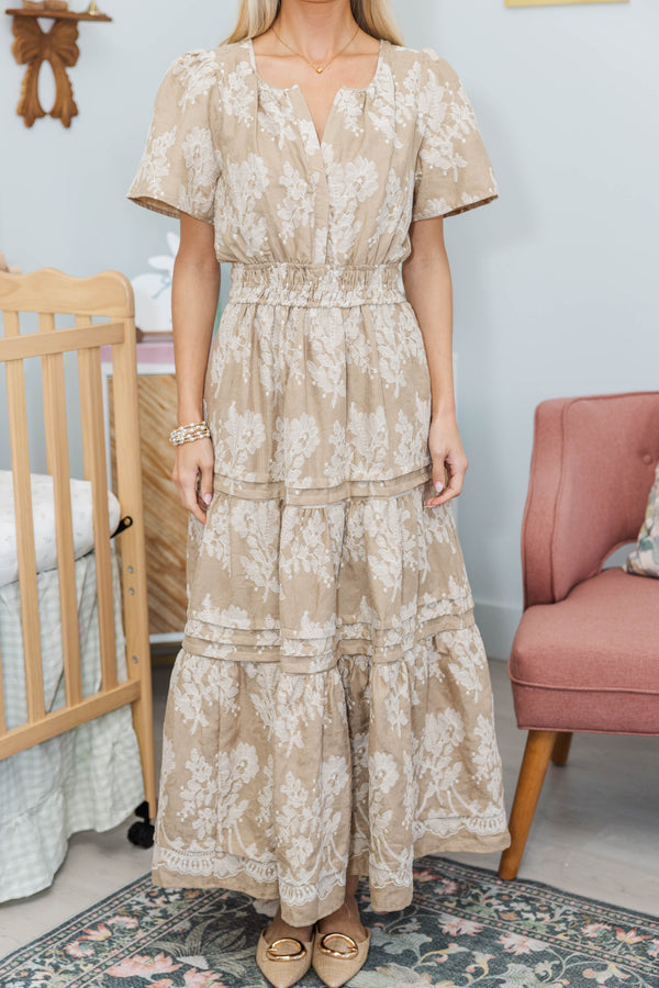 NURSING COLLECTION: All In The Air Taupe Embroidered Maxi Dress