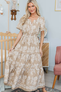 NURSING COLLECTION: All In The Air Taupe Embroidered Maxi Dress
