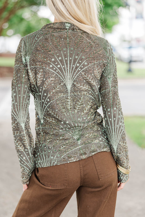 On Display Olive Abstract Top
