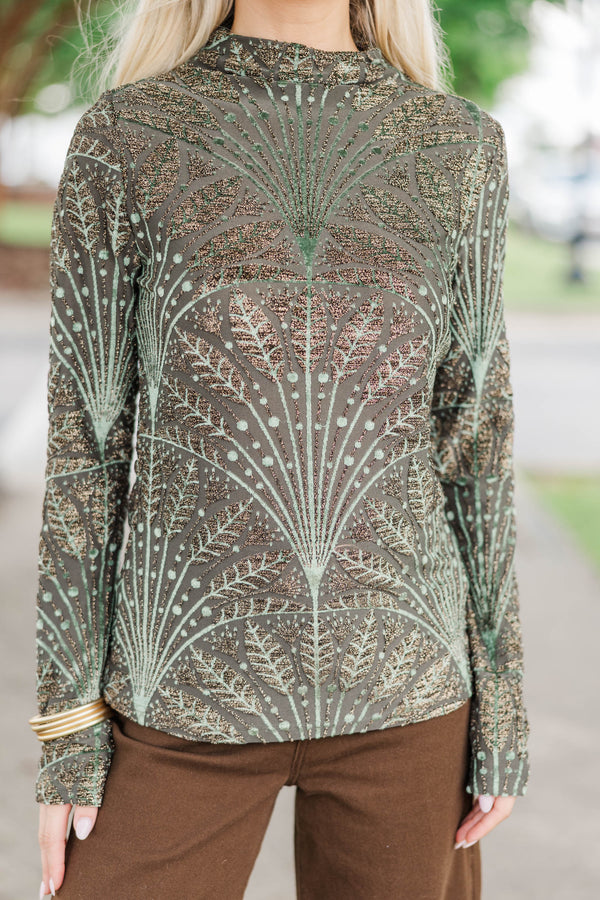 On Display Olive Abstract Top