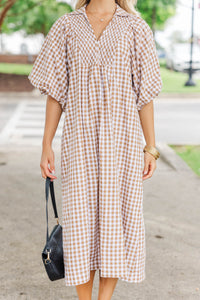 Weekend Escape Brown Gingham Midi Dress