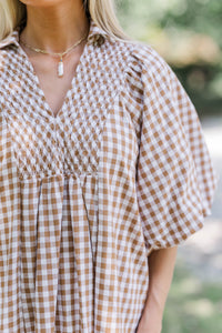 Weekend Escape Brown Gingham Midi Dress