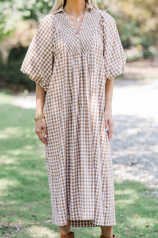 Weekend Escape Brown Gingham Midi Dress