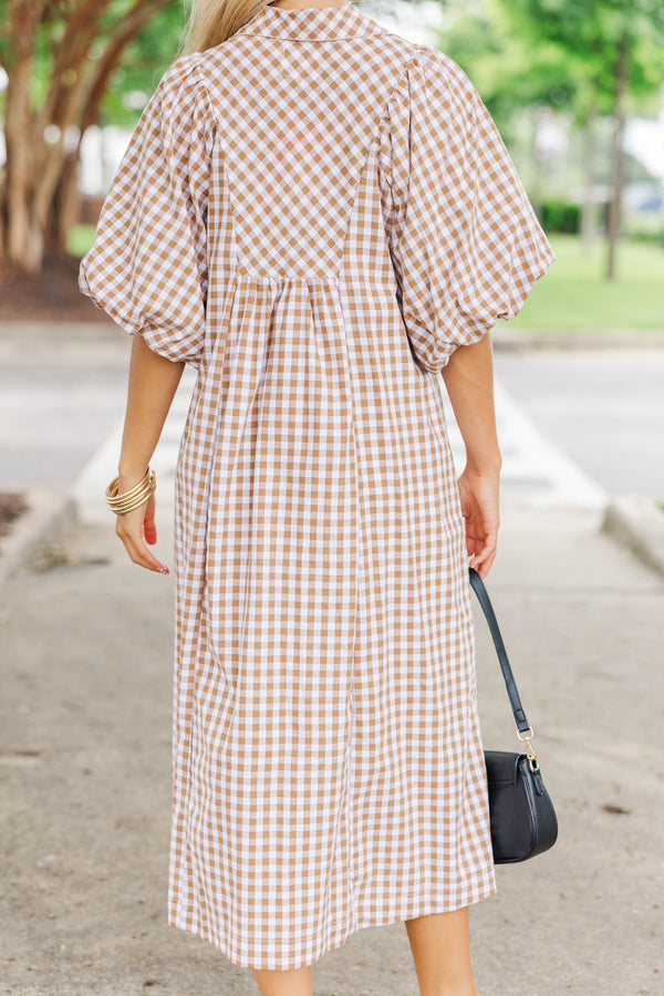 Weekend Escape Brown Gingham Midi Dress
