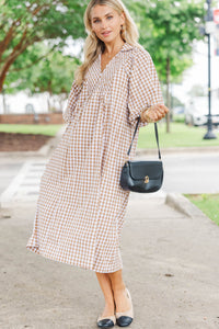Weekend Escape Brown Gingham Midi Dress
