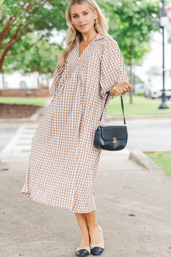 Weekend Escape Brown Gingham Midi Dress