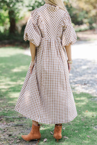 Weekend Escape Brown Gingham Midi Dress