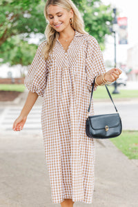 Weekend Escape Brown Gingham Midi Dress