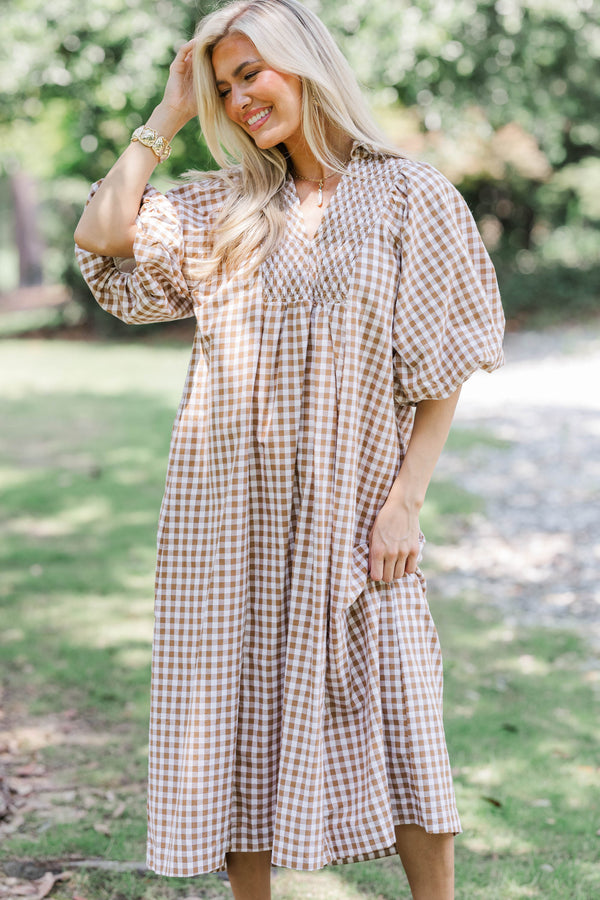 Weekend Escape Brown Gingham Midi Dress