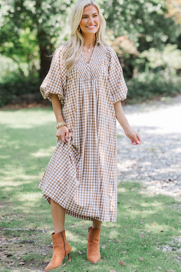 Weekend Escape Brown Gingham Midi Dress