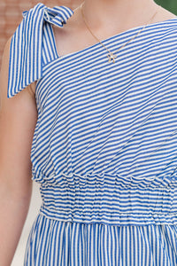 Girls: Bloom Where You’re Planted Navy Striped One Shoulder Dress