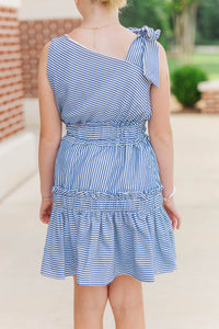 Girls: Bloom Where You’re Planted Navy Striped One Shoulder Dress