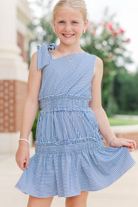 Girls: Bloom Where You’re Planted Navy Striped One Shoulder Dress
