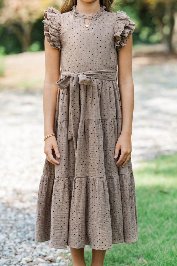 Girls: Smiles All Around Brown Polka Dot Maxi Dress