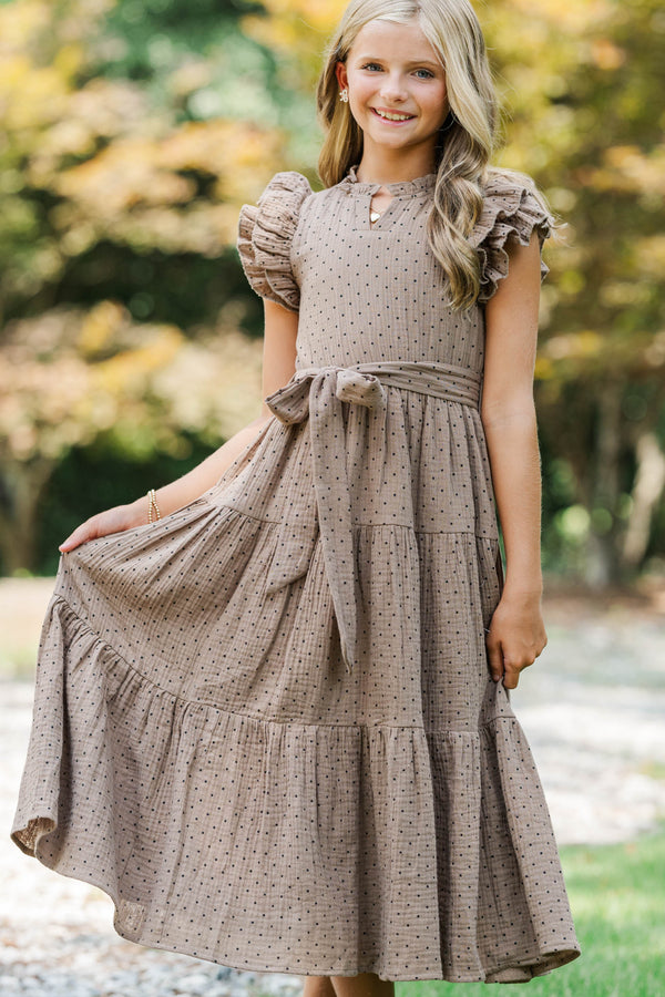 Girls: Smiles All Around Brown Polka Dot Maxi Dress