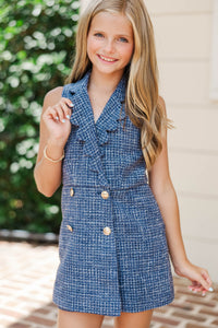 Girls: The Kara Tweed Navy Scalloped Romper