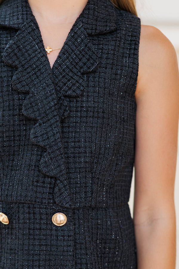 Girls: The Kara Tweed Black Scalloped Romper