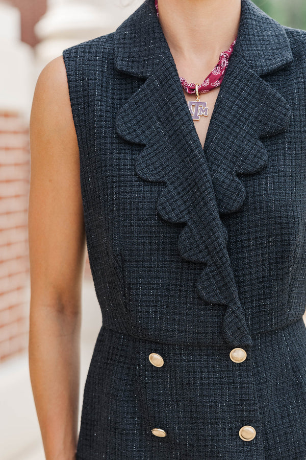 Feeling Close Black Tweed Scalloped Romper