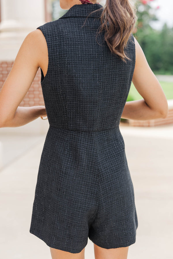 Feeling Close Black Tweed Scalloped Romper